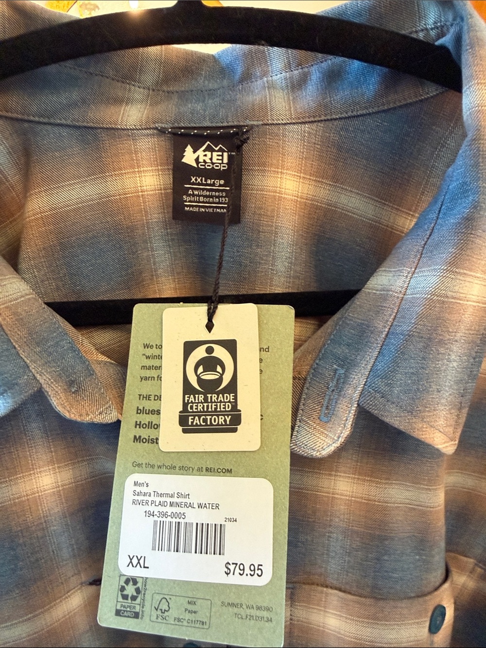 Men's NWT REI Blue Plaid Sahara Thermal Shirt Button-Up Shirt XXL - Picture 4 of 7